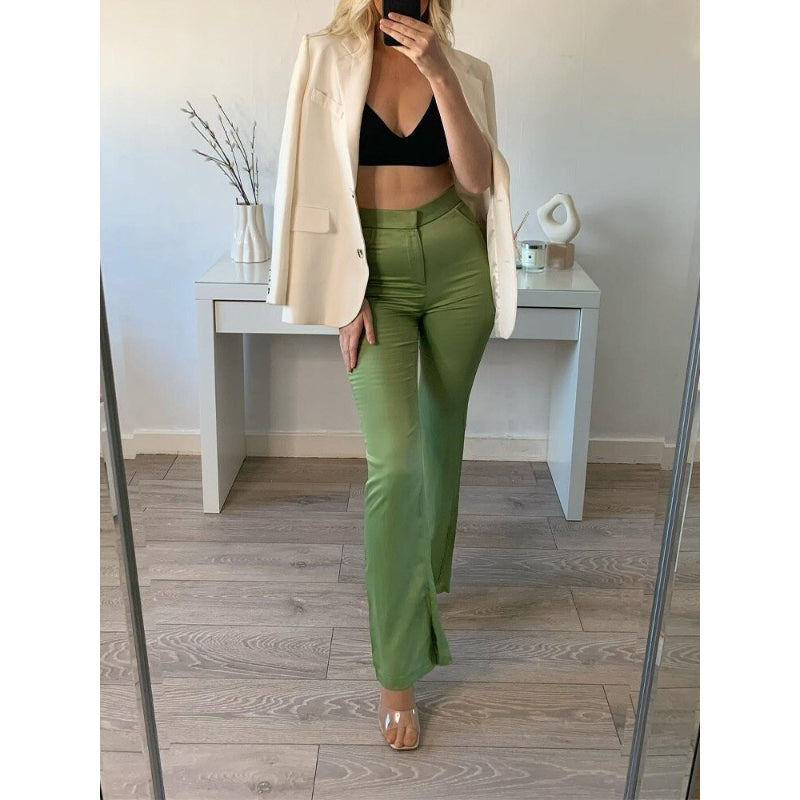 Green Vintage High Waist Flared Satin Trousers
