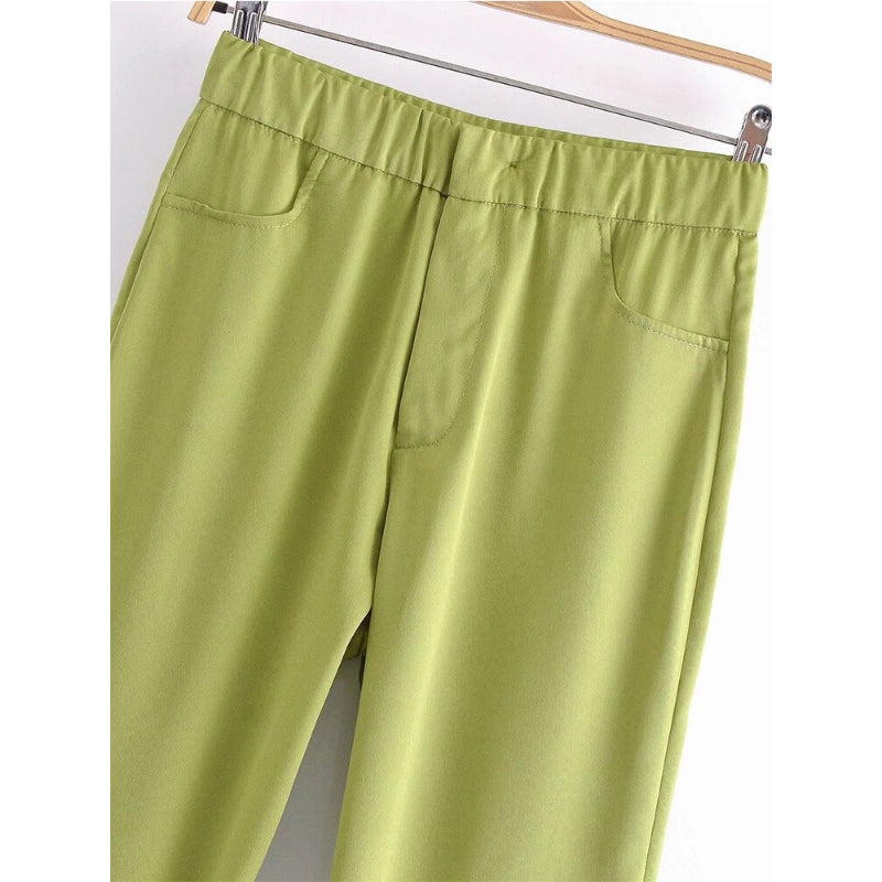 Green Vintage High Waist Flared Satin Trousers